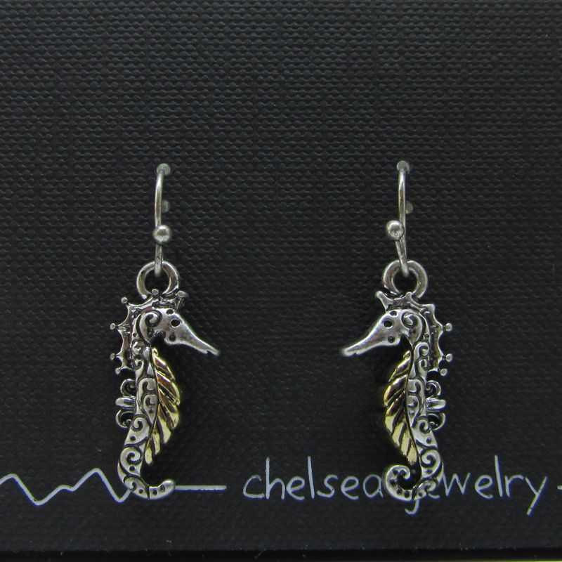 Pewter Two-tone Seahorse Dangle Earrings - Click Image to Close